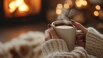 Gemütliche Winterzeit, Hände einer Frau halten eine dampfende Tasse mit heißem Getränk vor Kaminfeuer im unscharfen Hintergrund mit Platz für Text