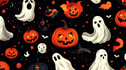 Spooky Halloween Patterns with Ghosts and Pumpkins