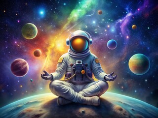 Naklejka premium Serene cartoon astronaut meditates in lotus position amidst vibrant, starry galaxy background, surrounded by floating planets and colorful nebulas, exuding cosmic tranquility.