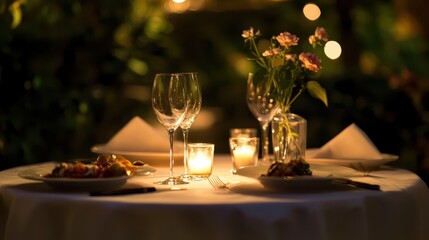 Romantic Dinner Table with Candlelight, Fine China, and Gourmet Dishes