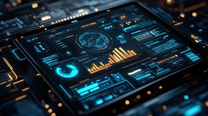 Digital tablet displaying a futuristic business dashboard, 3D illustration