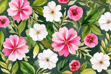 Watercolor Cheerful Pink and White Flowers with Lush Greenery for Playful Floral Decorations