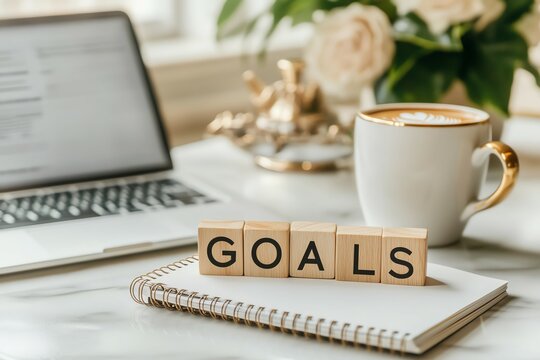 A cozy workspace featuring a coffee cup, laptop, and notepad with the word 'GOALS' spelled out in wooden blocks for inspiration.