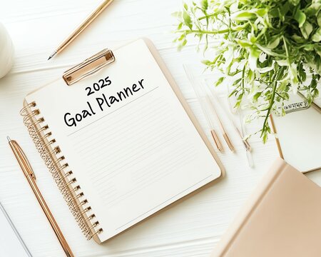A stylish 2025 goal planner on a desk, featuring a serene green plant and pens, ideal for organization and productivity.