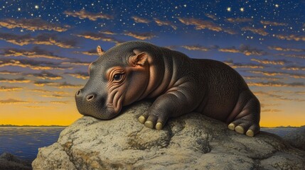Serene Baby Pygmy Hippopotamus Contemplating the Evening Sky Against a Rock Formation