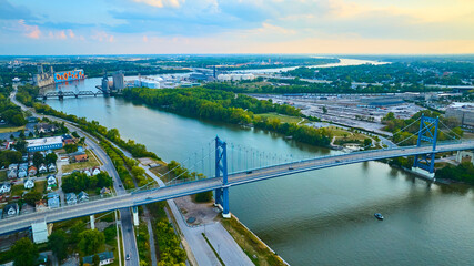 Aerial View of Toledo Anthony Wayne Bridge at Sunset Over Maumee River