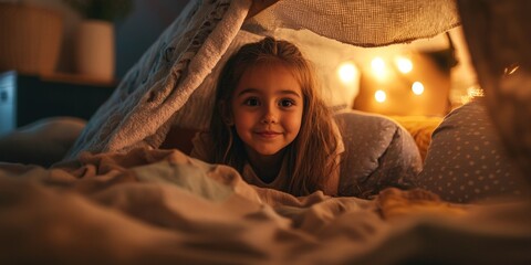 Obraz premium Young girl building a cozy fort out of blankets and pillows in her bedroom surrounded by twinkling