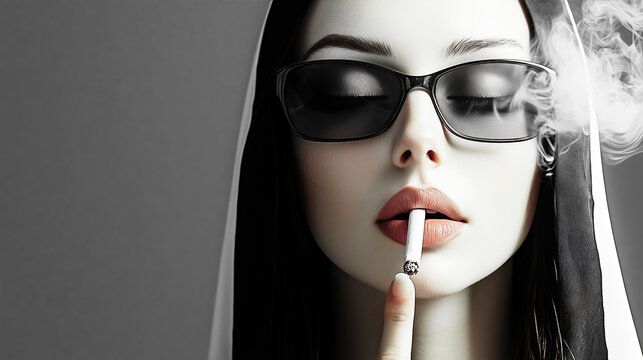 Fashion model smoking cigarette wearing sunglasses and headscarf