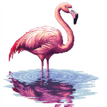 Pixel Art Flamingo Elegantly Standing in Tranquil Water Reflection
