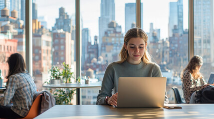 Fototapeta premium Young woman working on a laptop in a bright, modern coworking space with a city skyline view, focused on her task