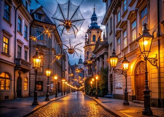 Fototapeta premium Spooky illuminated Prague streetscape at dusk featuring Gothic architecture, lanterns, and spider web decorations,