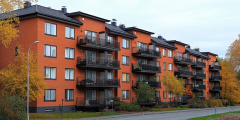 Obraz premium A peaceful, modern residential building complex with vibrant red brickwork and spacious balconies set amidst autumn foliage