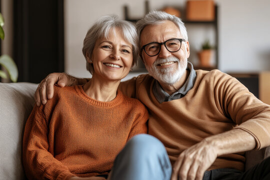 Portrait of attractive aged retired couple hugging resting together at home sit on sofa laughing looking at camera, enjoy their relationships lifelong marriage and carefree life on retirement
