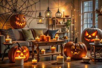 Spooky lanterns, glowing jack-o-lanterns, and cobweb-draped furniture set the eerie tone for a modern, stylish