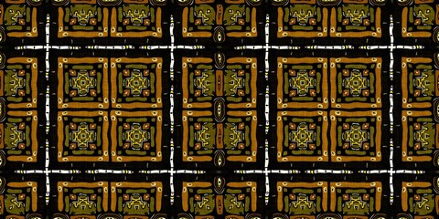 Modern tribal shape mud cloth border effect seamless pattern. Stylized shape doodle in khaki brown color background design of printed patterned banner edge trim fabric repeat.