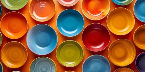 Vibrant Assortment of Colorful Ceramic Plates and Bowls Arranged in Pattern for Product Photography