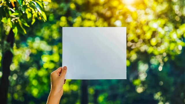 A hand holds a blank white paper against a sunlit forest backdrop. The scene is bright and serene, with lush green foliage. The morning sun filters through, evoking freshness and tranquility.