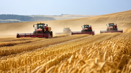A fleet of agricultural machines at work during the harvest season.