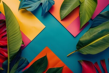 Fototapeta premium Vibrant Tropical Leaf Arrangement With Contemporary Geometric Background