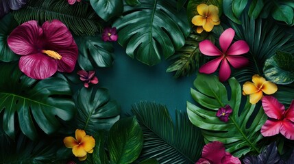 Vibrant exotic flora with brightly colored flowers and lush