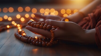 Woman meditating and counting mantra on prayer beads at home