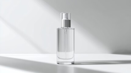 A sleek, transparent spray bottle in a clean, minimalist setting with soft shadows, emphasizing modern design and simplicity.