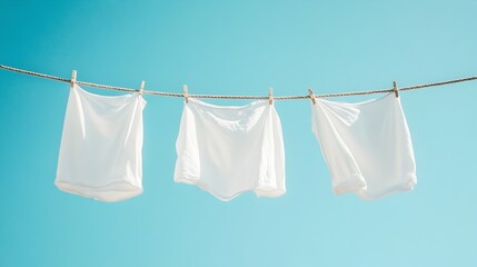 Simple Domestic Laundry Hanging on Clothesline Against Bright Blue Sky