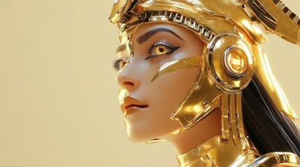 Obraz premium Robotic Cleopatra adorned in golden Egyptian jewelry, a stunning fusion of historical elegance and futuristic design.