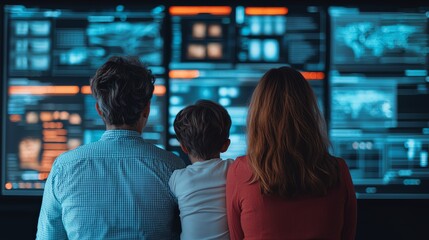 A family observes a series of illuminated screens displaying data and imagery, suggesting a technological or investigative setting.