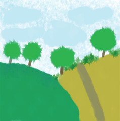 landscape, outdoor, nature, grass, summer, scenery, background, panorama, tree, country, illustration, horizon, cartoon, vector, field, road, view, travel, green, park, meadow, forest, rural, walk, pa