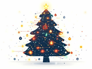 Flat Santas Interactive Christmas Tree Concept: A Close-Up of a Modern Tree with Glowing Ornaments, Showcasing Festive Technology in a Simple Vector Style