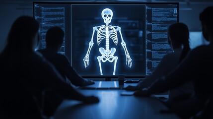 A group observes an x-ray image of a human skeleton displayed on a screen in a darkened room, highlighting education and medical technology.