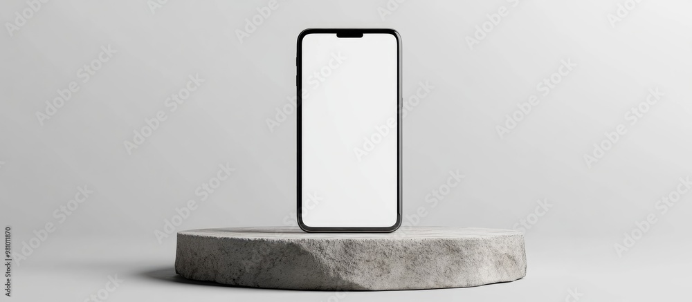 Poster 3d rendering of a mobile phone with a white screen positioned on a circular stone pedestal lying fla
