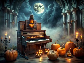 Spooky orchestral soundtrack with eerie whispers, haunting organ melodies, and pulsing percussion creates an unsettling