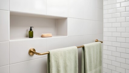 Minimalist bathroom interior with a clean and modern design. The layout features a white tiled wall with a built-in recessed shelf