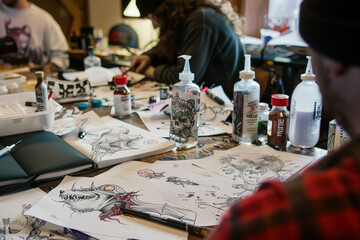 Tattoo artist inking detailed design, client seated, studio with ink bottles and sketches.