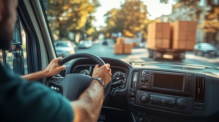 Delivery driver holding steering wheel and driving in the city