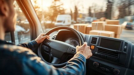 Delivery driver holding steering wheel with packages in the back