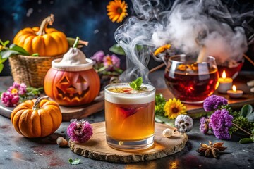 Spooky season-inspired craft cocktails featuring bourbon, garnished with edible flowers, floating candles, and dry ice