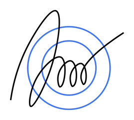 Abstract black spiral line with arcs ends centered on blue concentric circles. Ideal for minimalism, modern art, creativity, simplicity, digital art. Simple abstract vector set on white.