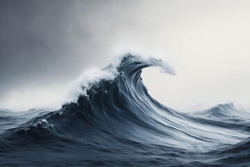 Dramatic Monochrome Seascape Featuring Towering Waves and a Moody Overcast Sky in Shades of Grey Capturing the Essence of Natures Power and Serenity