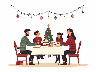 Fototapeta premium Flat Family New Year Dinner Celebration: Heartwarming Vector Illustration of Family Sharing Laughter and a Meal Around a Beautifully Set Table