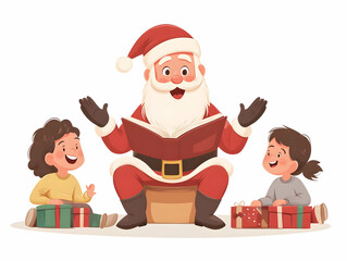 Flat Santa Enthralling Kids with Captivating Stories - Simple Vector Illustration of Joyful Moments and Enchantment