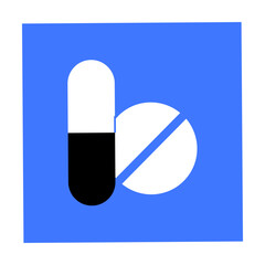 Capsule and tablet in black, white, and blue colors. Ideal for healthcare, medicine, pharmacy, drugs, treatment, and health awareness. Flat minimalist style