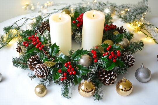 a holiday table centerpiece with a wreath of holly pine cones and red berries around candles
