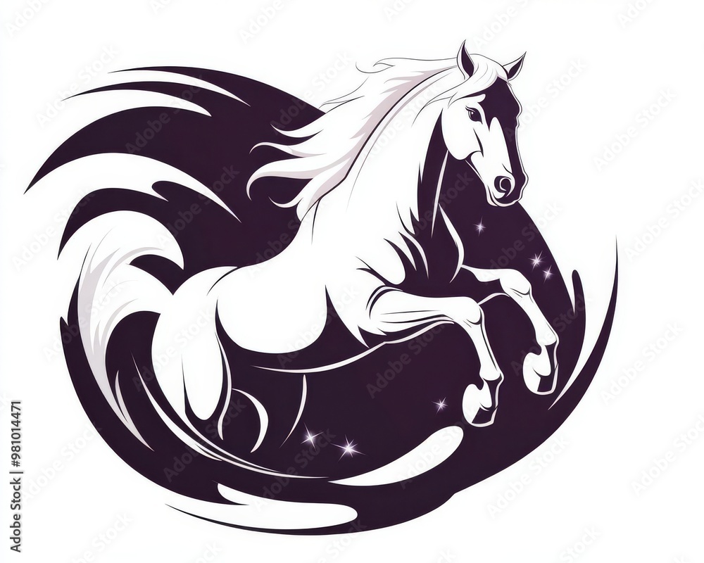 Poster dynamic silhouette of a galloping horse in motion with abstract flowing lines capturing the essence 