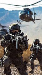 Fototapeta premium Two soldiers are in the desert, one of them is holding a rifle. A helicopter is flying overhead