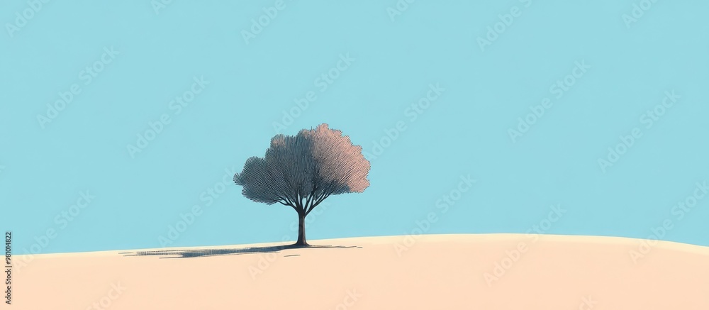 Poster minimalist cartoon design featuring a sparse tree on a flat color background