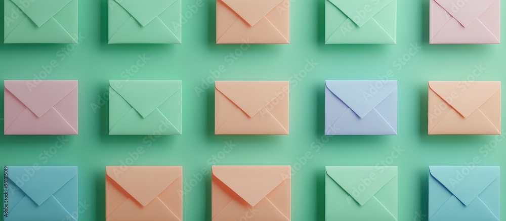 Poster three dimensional render featuring rows of pastel colored envelopes arranged flat on a green backdro
