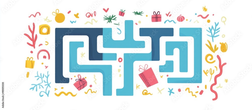 Poster abstract square maze with a hidden gift path engaging game for kids featuring a puzzle and labyrinth